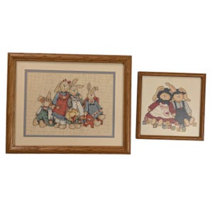 Two Vintage Completed Bunnies Cross Stitch Artworks, Handmade Country Rabbits Wall Decor, Finished Needlework Featuring Cute Bunnies