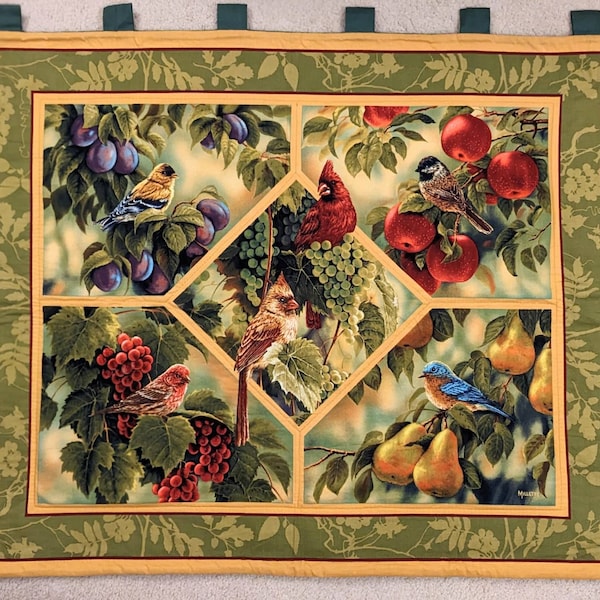 Vintage Quilt Fabric Wall Hanging Tapestry Featuring Colorful Birds and Fruit Design by Rosemary Millette, Bird Sanctuary, Cottagecore