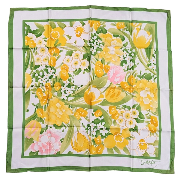 Vintage 1970s Avon SM Kent Designer Scarf with Retro Floral Design, Scarf with Golden Yellow and White Flowers, Green Border, 100% Acetate