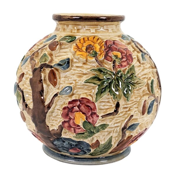 Vintage HJ Wood Hand Painted Vase, Pretty Majolica Round Vase With Colorful Design of Trees and Flowers, Made in England