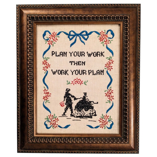 Framed Vintage Completed Plan Your Work Cross Stitch Embroidery, Finished Needlework With A Victorian Romantic Couple, Flowers, Grandmacore