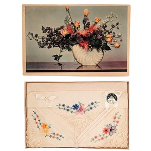 Vintage Embroidered Floral Handkerchiefs in Box with Lithograph Top, La Fleur Handkerchiefs With Swiss Embroidery Flowers, New Old Stock