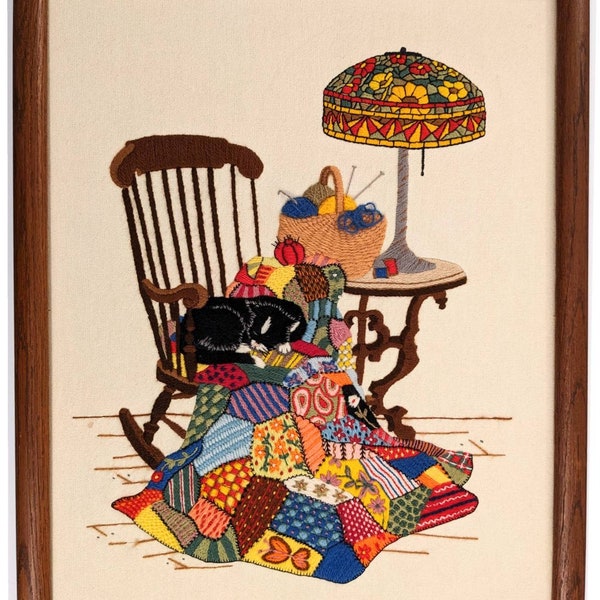 Large Framed Completed Crewel Embroidery of Cat Sleeping on Chair with Quilt, Finished Retro Boho Cat on Chair Needlework, Grandmacore