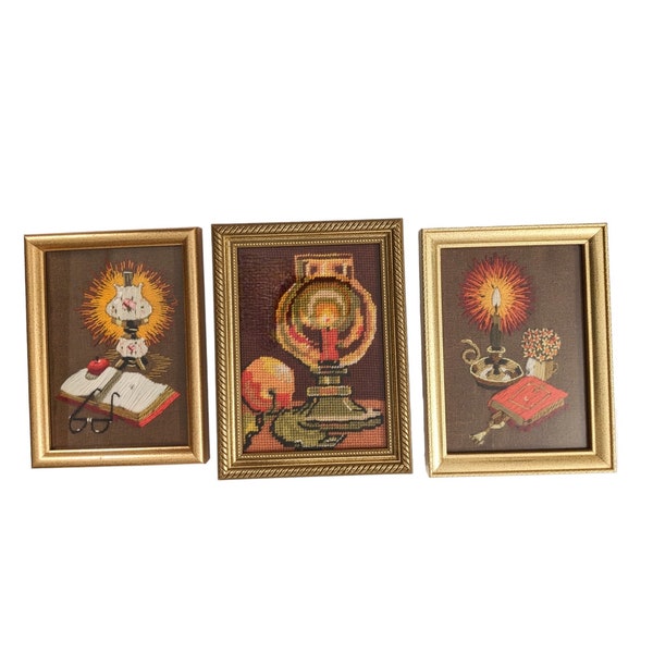 Three Framed Vintage Still Life Crewel Embroidery Pieces Featuring Candles, Books, Lamp, Eyeglasses, Retro Crewel Artworks, Grandmacore