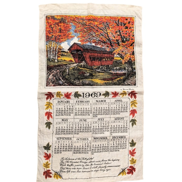 Vintage Linen Hanging Tea Towel With Printed 1969 Calendar and Warren Boucher Illustration of Country Covered Bridge in Autumn, Cottagecore