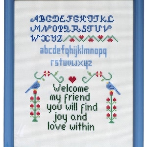 Framed Vintage 1990s Completed Cross Stitch Sampler, Finished Needlework Featuring Alphabet, Flowers, Birds, and Welcome Quote, Cottagecore