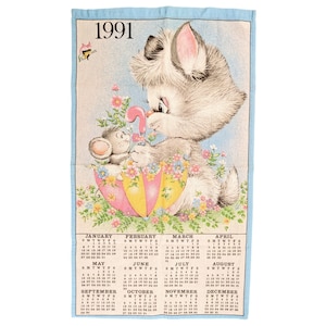 Vintage 1991 Hanging Calendar Tea Towel Featuring a Cat, Mouse, Butterfly, and Flowers, Pastel Colors