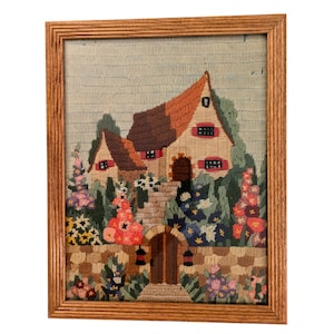 Vintage Framed Completed Crewel Embroidery Featuring Cottage House Surrounded by Plants and Colorful Flowers, Cottagecore, Grandmacore