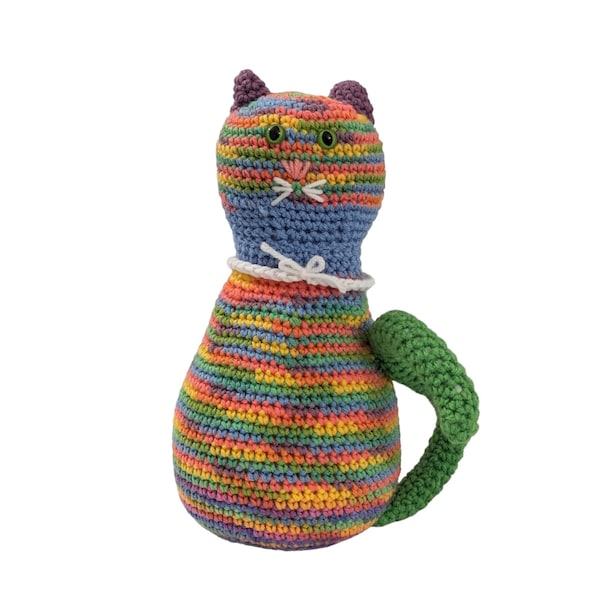 Vintage Hand Made Crochet Cat Doorstop in Pastel Colors, Retro Multi Color Crochet Yarn Cat Door Stop, Grandmacore, Granny Chic