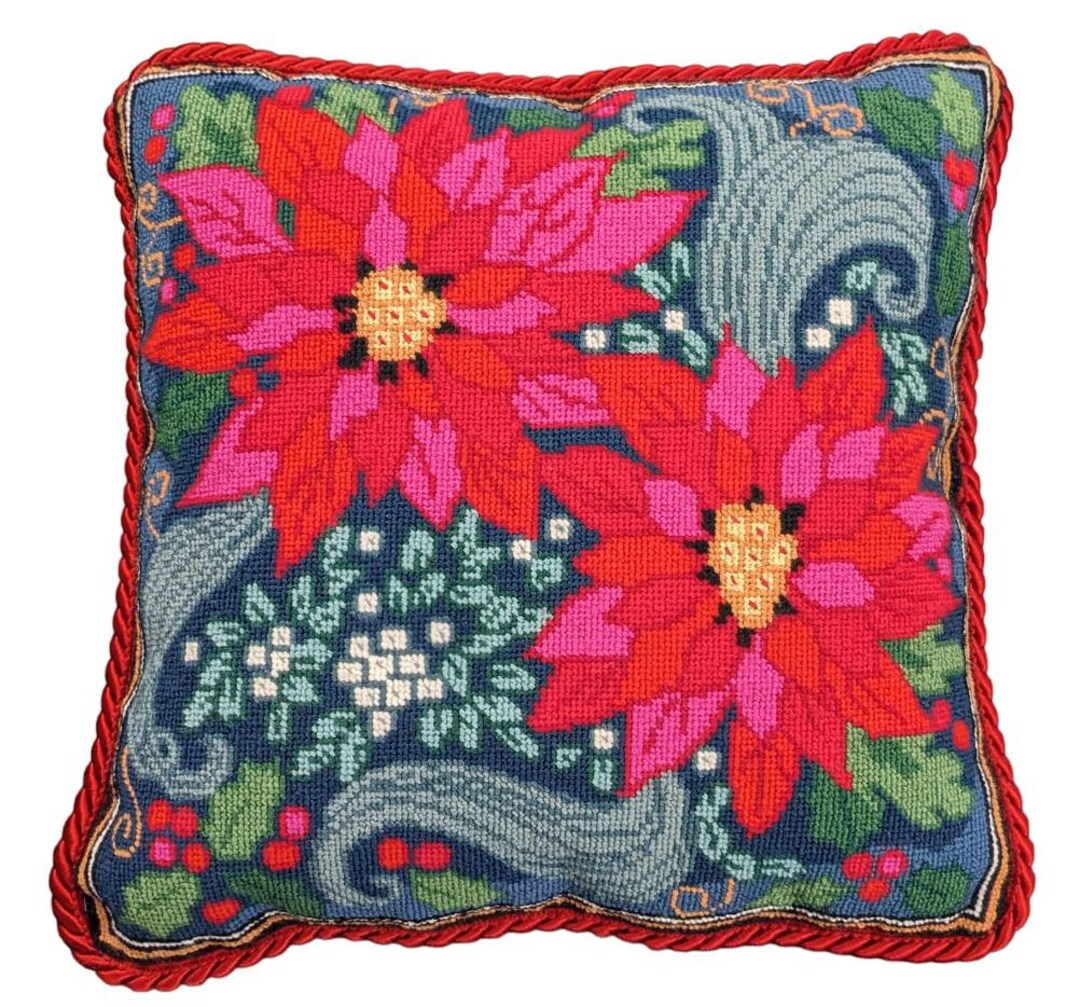 Vintage Needlepoint Pillow With Design Featuring Poinsettias Etsy