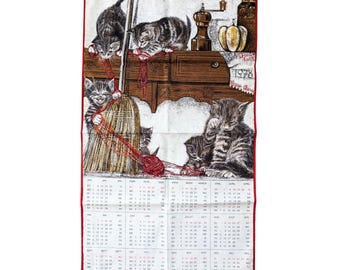 Vintage Playful Cats Linen Hanging 1978 Calendar Tea Towel