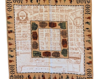 Vintage Map of Downtown Chicago Cotton Handkerchief, The Clock Strikes A Century, 1852-1952