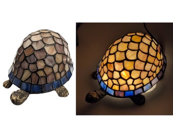 Vintage Turtle Lamp, Stained Glass Style Multi Colored Accent Light, Retro Turtle Lamp With Shell in Brown, Blue, Purple Colors