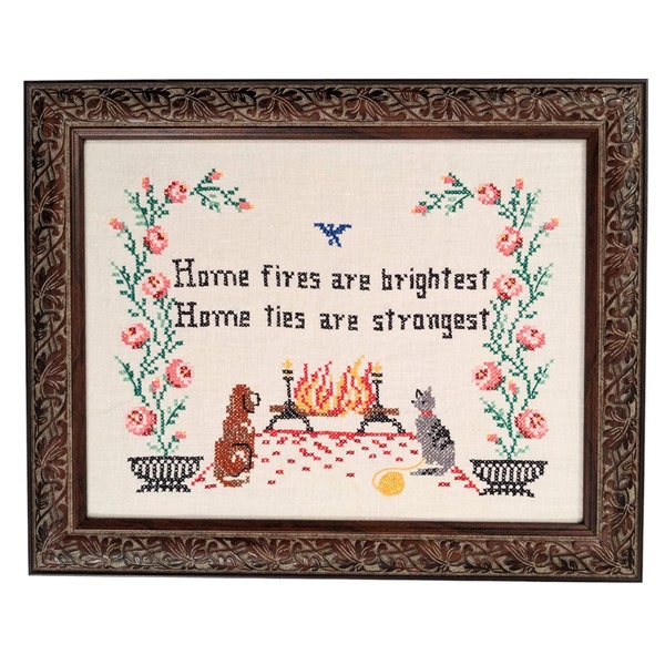Framed Vintage Home Fires Cross Stitch, Finished Needlework With A Fireplace Scene With Dog, Cat, Bird, Flowers, Grandmacore, Cottagecore