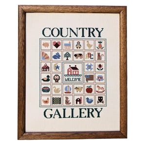 Framed Vintage Completed Country Gallery Welcome Cross Stitch, Finished Needlework With Various Country Animals and Objects, Cottagecore