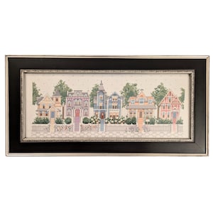 Framed Vintage Completed Victorian Houses Cross Stitch, Finished Needlework Featuring Victorian Style Architecture, Cottagecore, Grandmacore