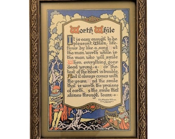 Framed Vintage Colored Lithograph Print With Poem by Ella Wheeler Wilcox, Worth While