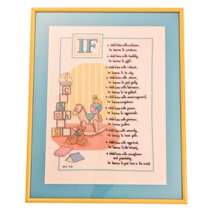 Vintage Framed Complete Cross Stitch With If a Child Poem and Playroom Scene With a Rocking Horse, Letter Block, and Teddy Bear