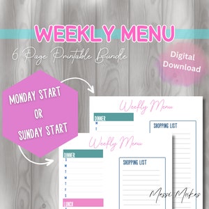 Simple Weekly Menu Planning Instant Download Printable, Weekly Menu and Grocery List, Meal Planning
