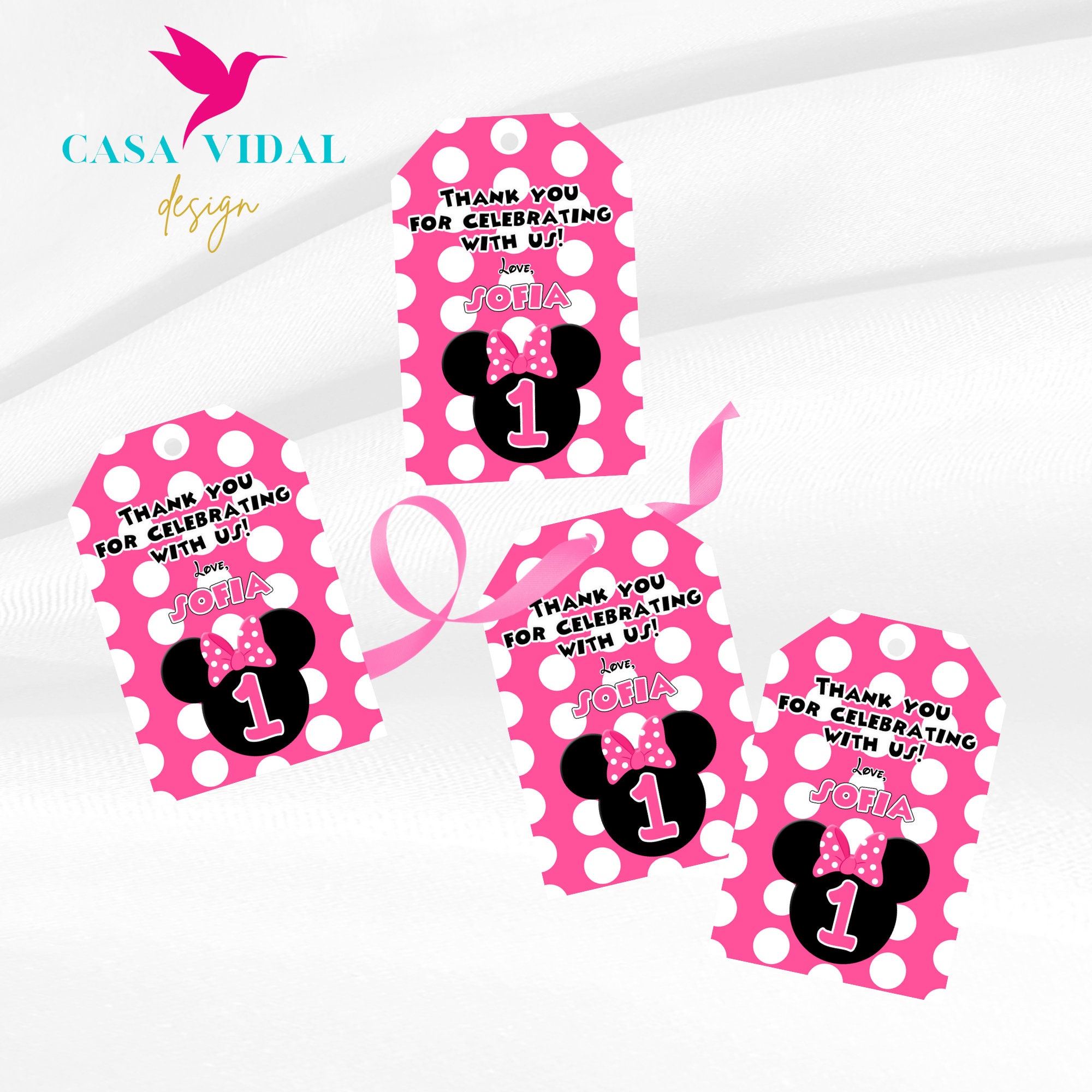 Pink Minnie mouse Printable Cards, tags, book labels, stickers, kids cards,  gift tags, labeling, scrapbooking EDITABLE INSTANT DOWNLOAD
