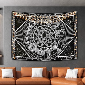 Tapiz de pared del zodíaco: tapiz negro con diseño de carta astral y efecto LED, decoración celestial mística