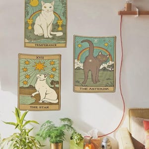 猫タロットタペストリーセット – 猫好きのための壁掛けアート装飾3点セット、節制の星アスタリスクプリント、ボヘミアン動物壁掛け