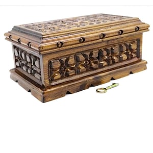 Hand Carved Wooden Jewelry Box with Red Velvet Lining, Keepsake Box with Lock, Vintage Chest, Decorative Handmade Storage Box