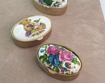 Vintage mini ceramic and gold Tone pill boxes