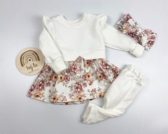 Taufe Hochzeit Outfit festlich Baby Mädchen Girly Sweater Oberteil Kleid mit Leggings und Stirnband