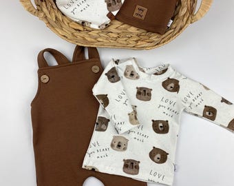 Dungarees Set Chocolate/Bear Growing Dungarees, Shirt, Hat, Scarf