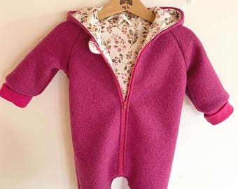 Boiled wool suit/wool jumpsuit in pink/leaves with zipper 100% virgin wool