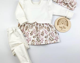 Christening Wedding Outfit Festive Baby Girl Girly Sweater Dress with Leggings and Headband, in Dress Length, without Ruffles