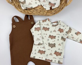 Dungarees Set Chocolate/Foxes Growing Dungarees, Shirt, Hat, Scarf