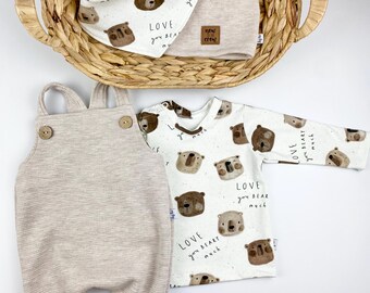 Dungarees set, grow-along dungarees, shirt, hat, scarf