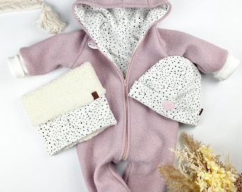 Boiled wool suit/wallow-wool overall in pale pink 100% virgin wool "Dots"