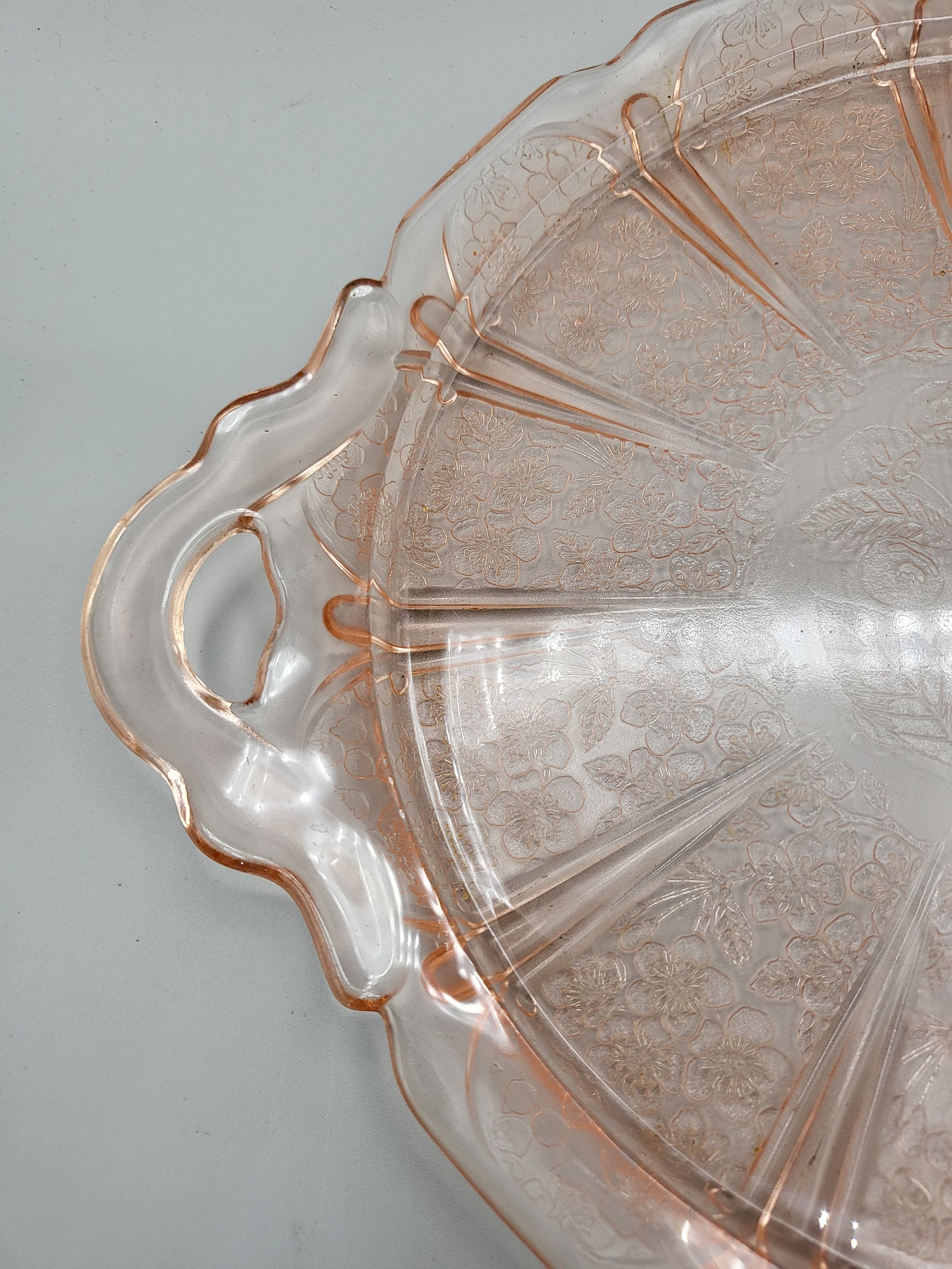 Pink Cherry Blossom Depression Glass Round Tray With Handles Etsy