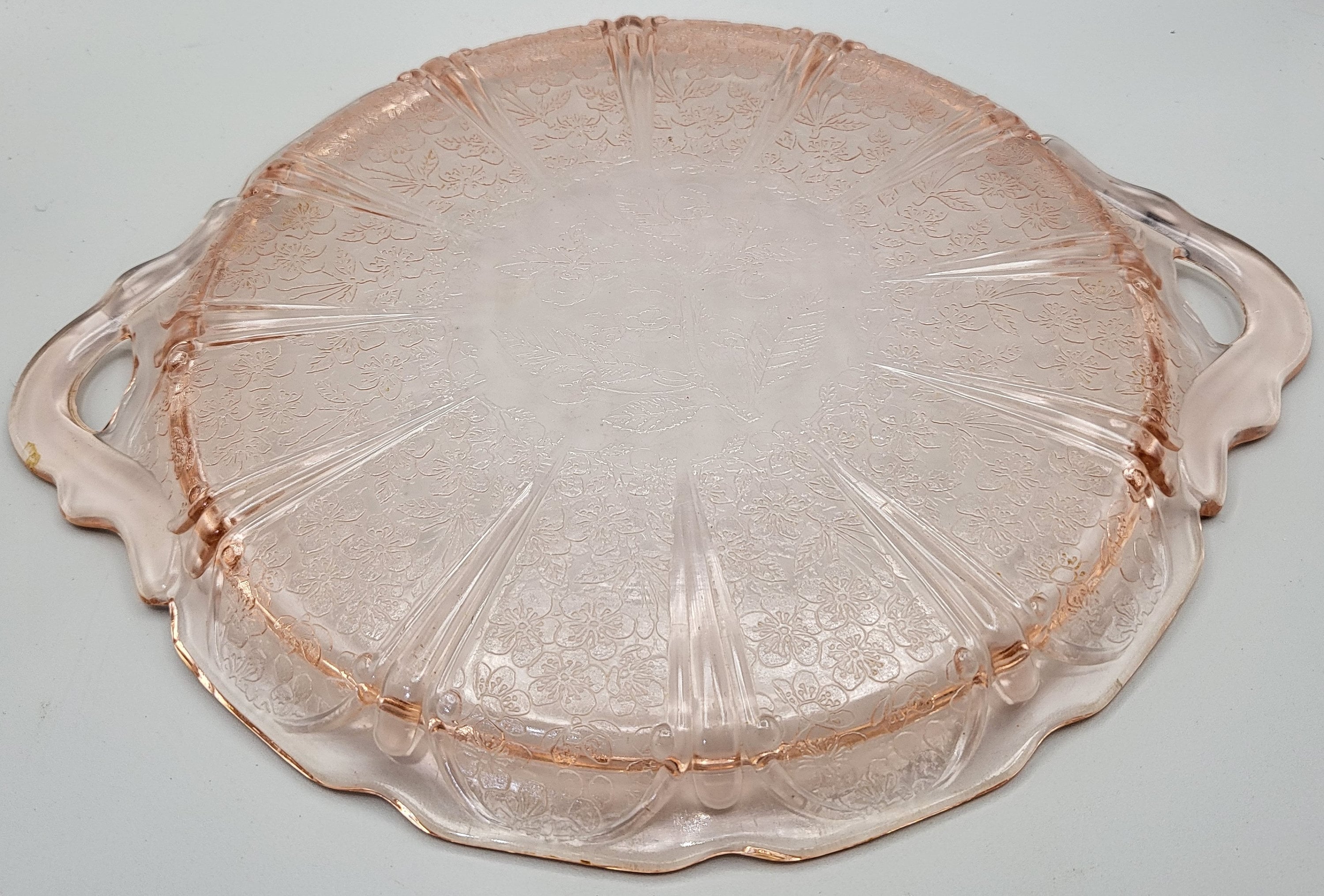 Pink Cherry Blossom Depression Glass Round Tray With Handles Etsy