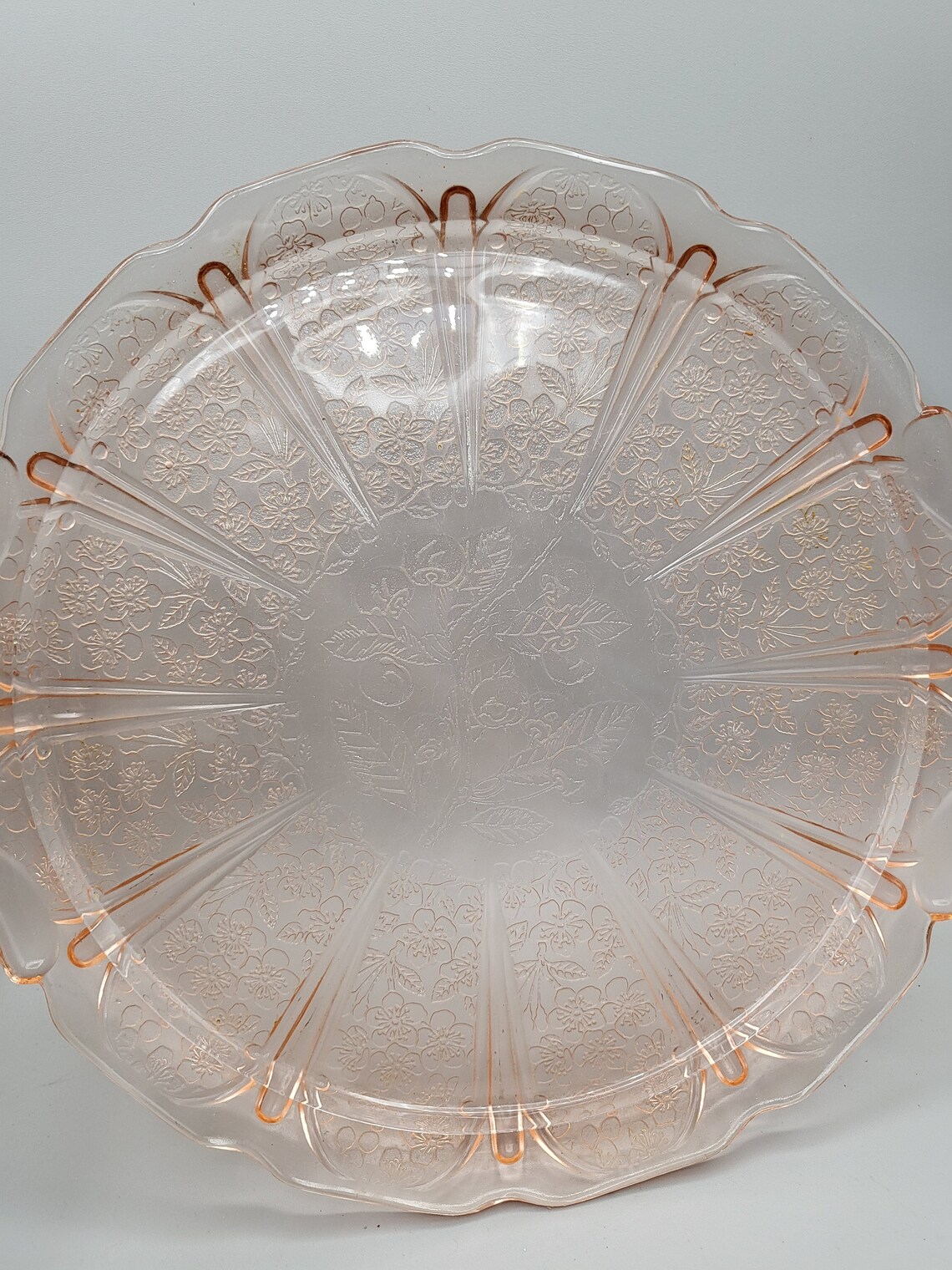 Pink Cherry Blossom Depression Glass Round Tray With Handles Etsy