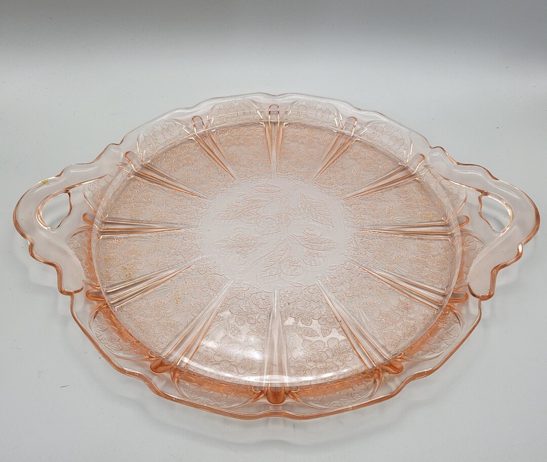 Pink Cherry Blossom Depression Glass Round Tray With Handles Etsy