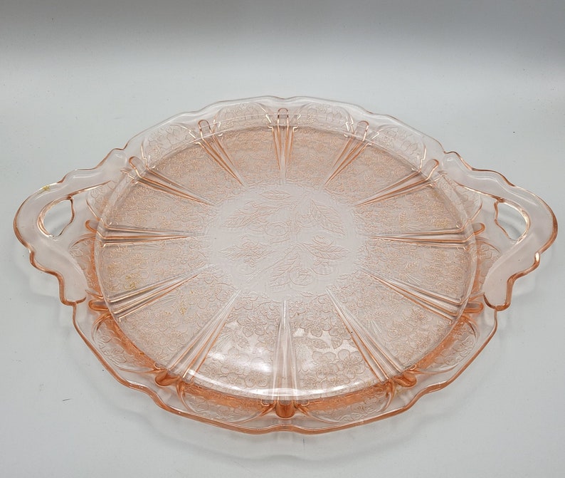 Pink Cherry Blossom Depression Glass Round Tray With Handles Etsy