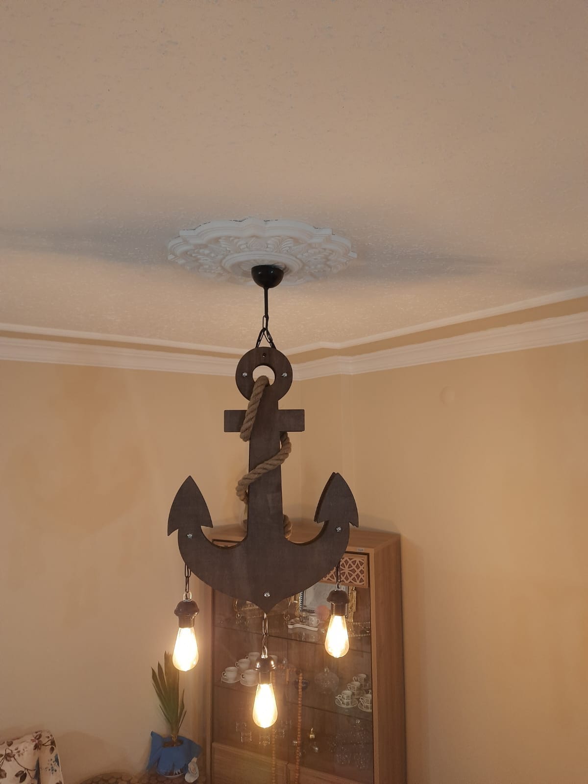 Triple Wooden Anchor Chandelier: Rustic Nautical Pendant Light