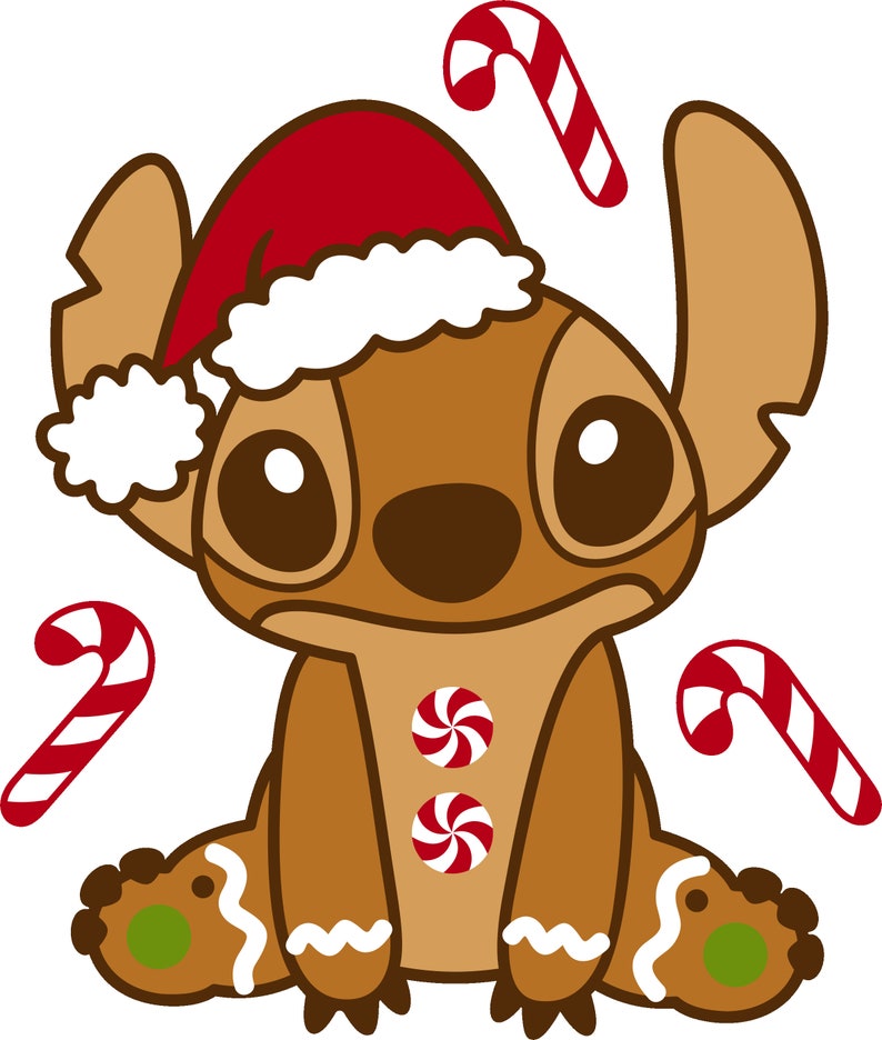 K&ouml;nnte beinhalten: Eine braune Lebkuchen-Stitch-Figur, die einen rot-wei&szlig;en Weihnachtsmann-Hut tr&auml;gt und mit Zuckerstangen um sich herum sitzt.