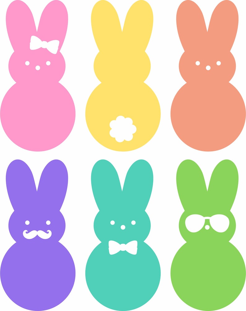 May include: Six colorful bunny-shaped marshmallow peeps. The peeps are pink, yellow, orange, purple, teal, and green. Each peep has a different decoration: a bow, a flower, a mustache, a bow tie, and sunglasses.