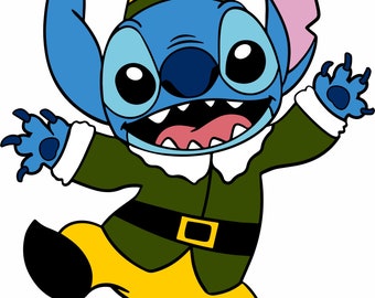 Könnte beinhalten: Eine blaue Comicfigur, die als Elf verkleidet ist, trägt einen grünen Hut mit gelbem Band, ein grünes Hemd mit braunem Gürtel und eine gelbe Hose. Die Figur hat große Augen, ein breites Lächeln und streckt die Arme aus.