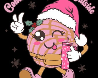 Könnte beinhalten: Eine Cartoon-Illustration eines rosa Conchita-Brot, das einen Weihnachtshut trägt und eine weihnachtliche Tasse hält. Der Text "Conchita It's Cold Outside" steht über der Figur.