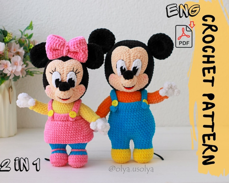 Crochet pattern Mr. and Ms. Mouse Junior PDF Cotton & Plush stuffed toy easy amigurumi baby toy image 1