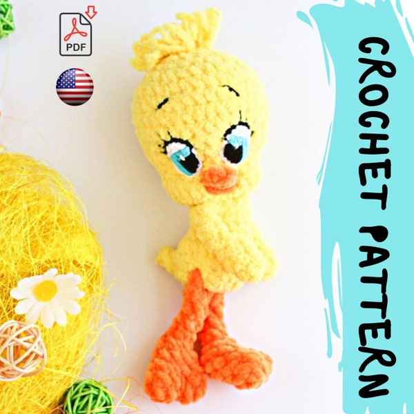 Crochet pattern | Birdie Bird (Canary) | PDF |   Easy amigurumi baby toy | Bulky Chunky chenille yarn stuffed toy