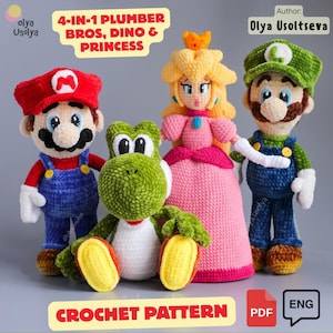Puede incluir: Cuatro muñecos de ganchillo: un fontanero con gorra roja, un dinosaurio verde, una princesa con vestido rosa y un fontanero con gorra verde. Texto: 4-IN-1 PLUMBER BROS, DINO & PRINCESS, Author: Olya Usoltseva, CROCHET PATTERN, PDF, ENG.