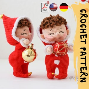 Crochet Pattern: Christmas Elves in a Hooded Onesie, Amigurumi doll (PDF)