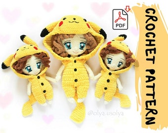 May include: Crochet pattern for a Pikachu doll. The pattern includes instructions for making three different sizes of the doll. The pattern is available as a PDF download.
